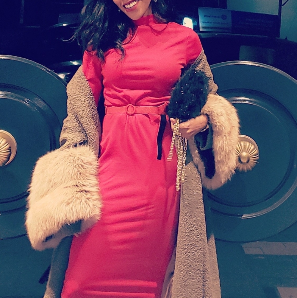 Red fitted midi belted dress